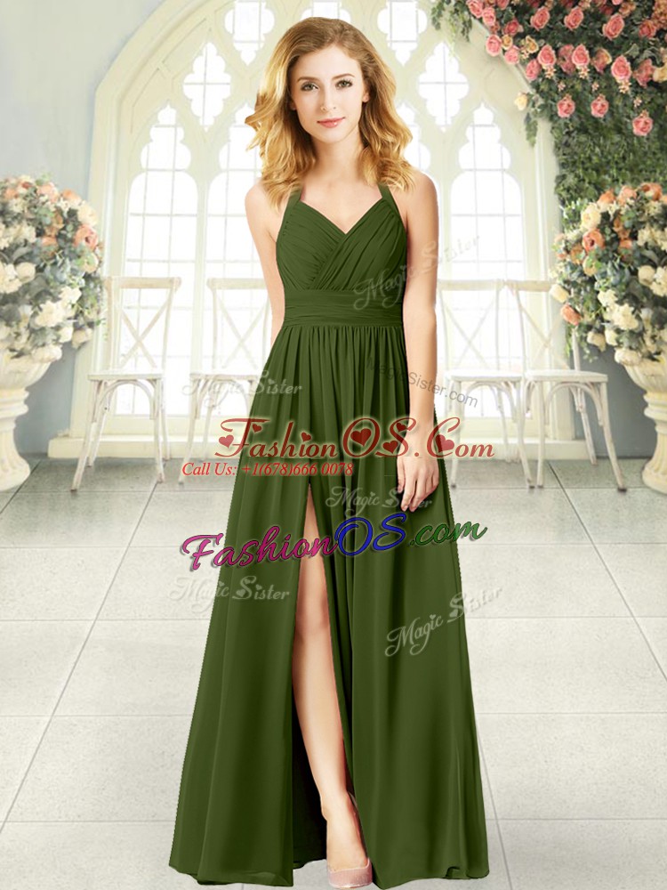 Olive Green Zipper Prom Party Dress Ruching Sleeveless Floor Length