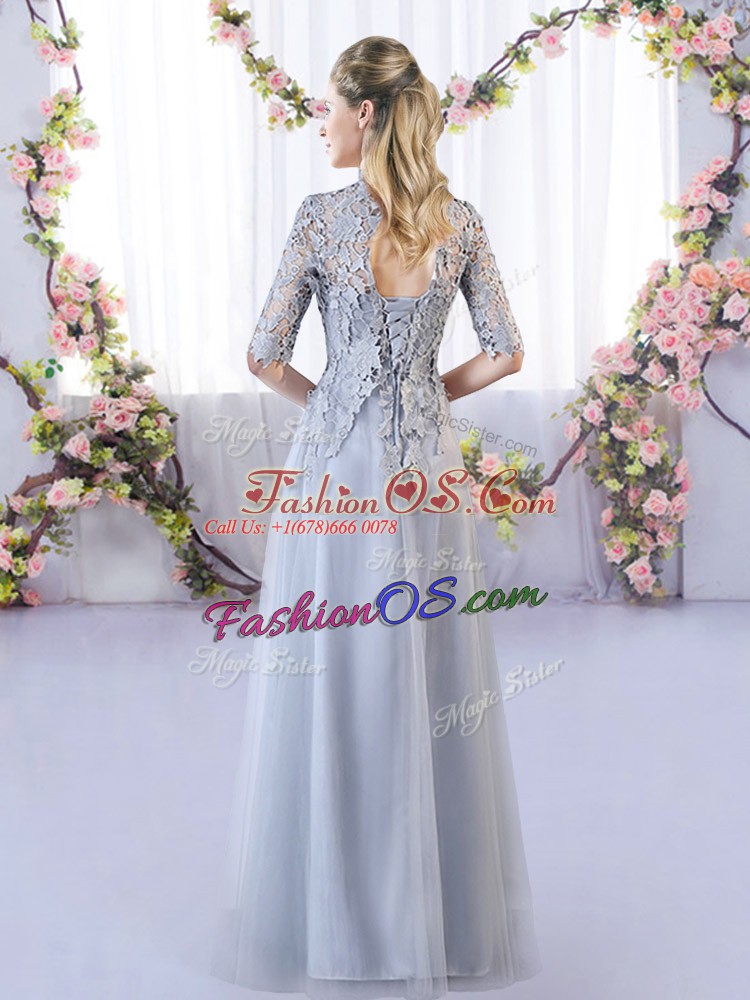 Flirting High-neck Half Sleeves Bridesmaid Dresses Floor Length Lace Grey Tulle