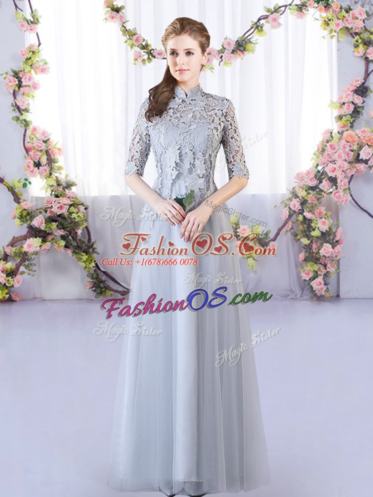 Flirting High-neck Half Sleeves Bridesmaid Dresses Floor Length Lace Grey Tulle