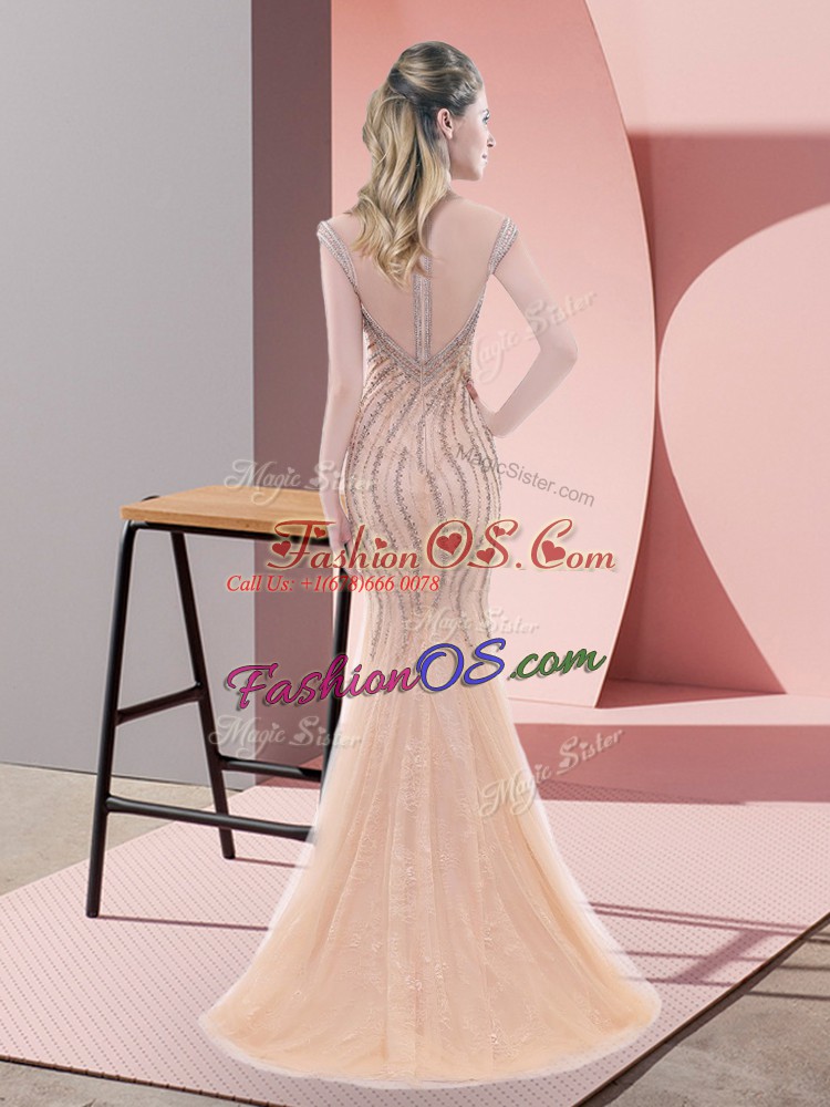 Sumptuous Mermaid Cap Sleeves Pink Casual Dresses Sweep Train Lace Up