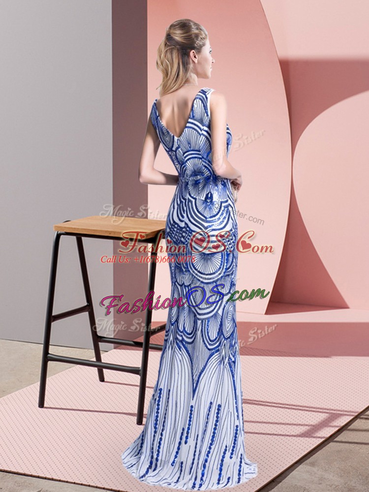 Vintage Blue Mermaid Beading Prom Dress Zipper Sleeveless Floor Length