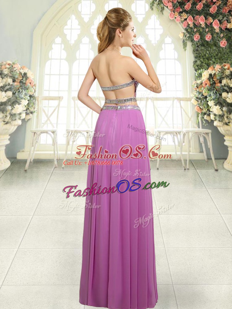 Modern Lavender Chiffon Backless Evening Dress Sleeveless Floor Length Beading