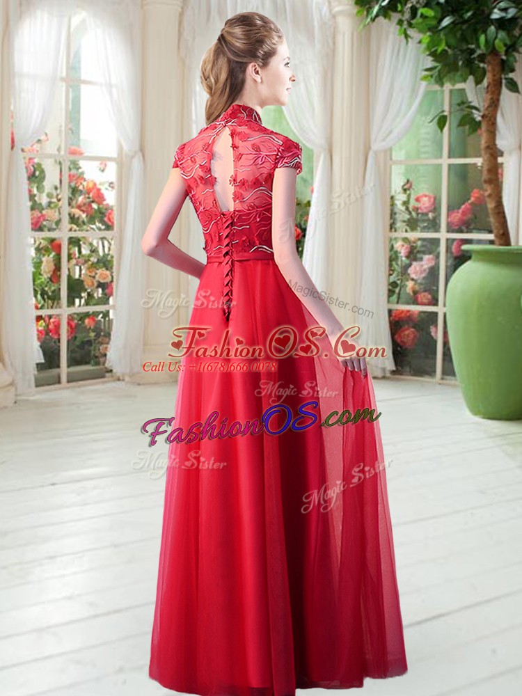 Cheap High-neck Cap Sleeves Tulle Prom Dresses Appliques Lace Up