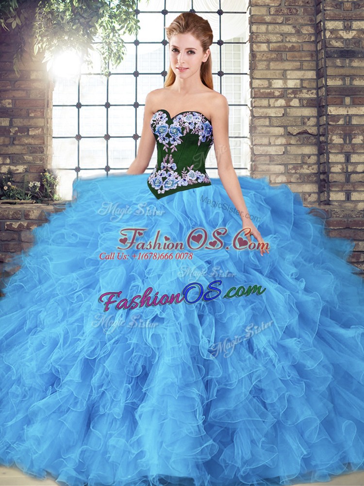 Sumptuous Baby Blue Ball Gowns Tulle Sweetheart Sleeveless Beading and Embroidery Floor Length Lace Up Sweet 16 Dress