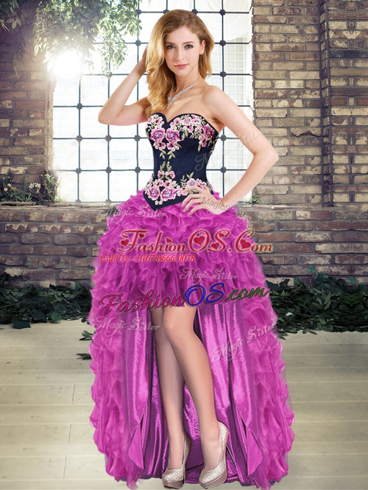 Ideal Embroidery and Ruffles Sweet 16 Dress Fuchsia Lace Up Sleeveless Sweep Train