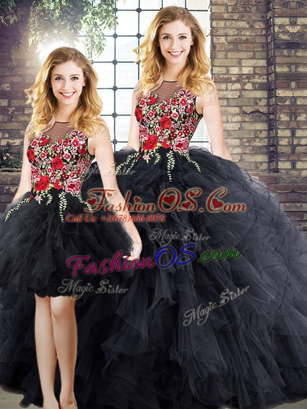 Black Zipper Scoop Embroidery and Ruffles Sweet 16 Dress Sleeveless