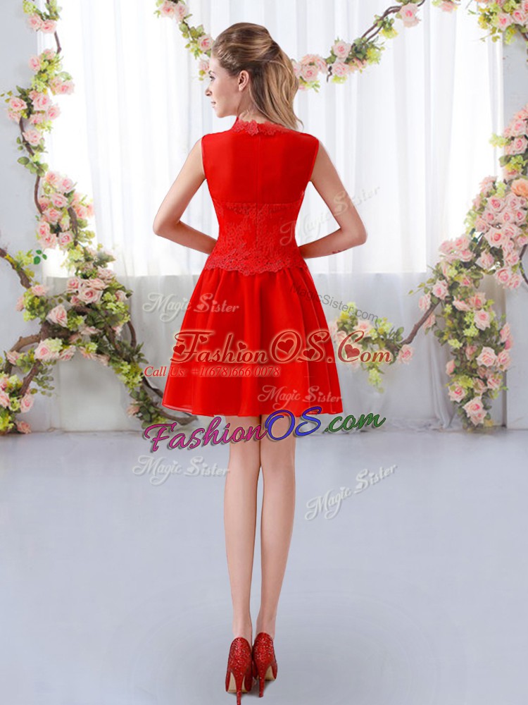 High End Red High-neck Neckline Lace Dama Dress Sleeveless Zipper