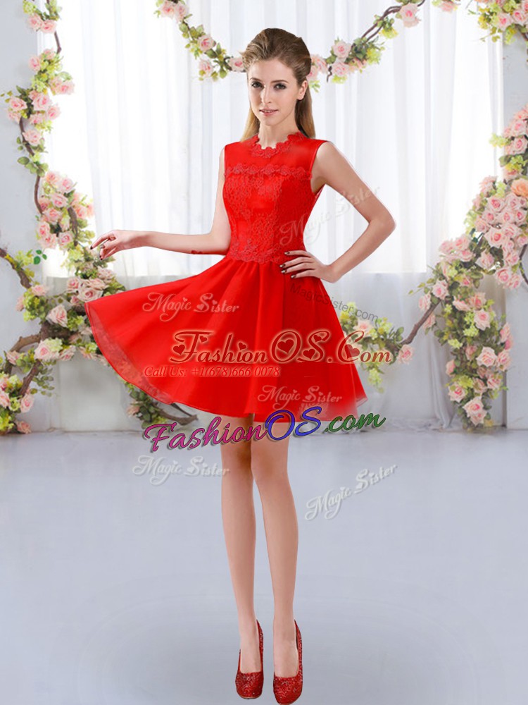 High End Red High-neck Neckline Lace Dama Dress Sleeveless Zipper