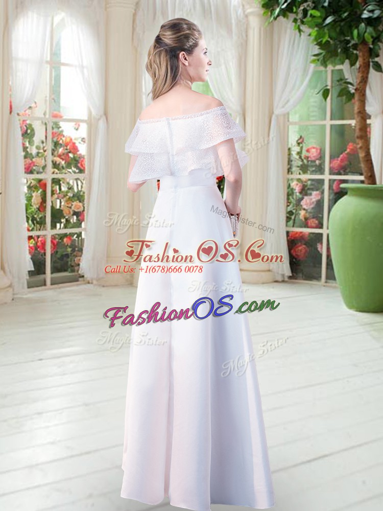 Empire Dress for Prom White Off The Shoulder Satin Short Sleeves Floor Length Zipper