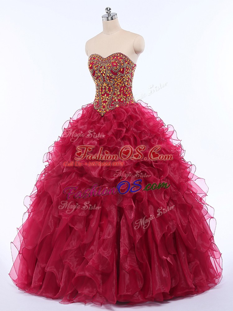Wine Red Lace Up Sweetheart Beading and Ruffles Sweet 16 Dresses Organza Sleeveless