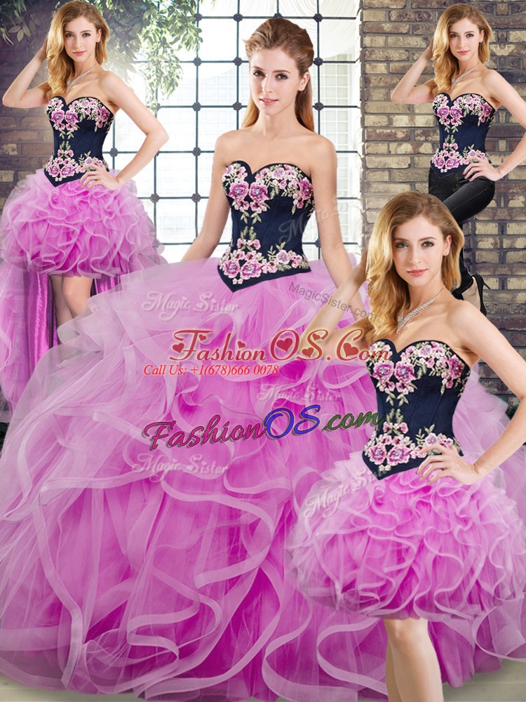 Lilac Sleeveless Embroidery and Ruffles Lace Up Sweet 16 Dresses