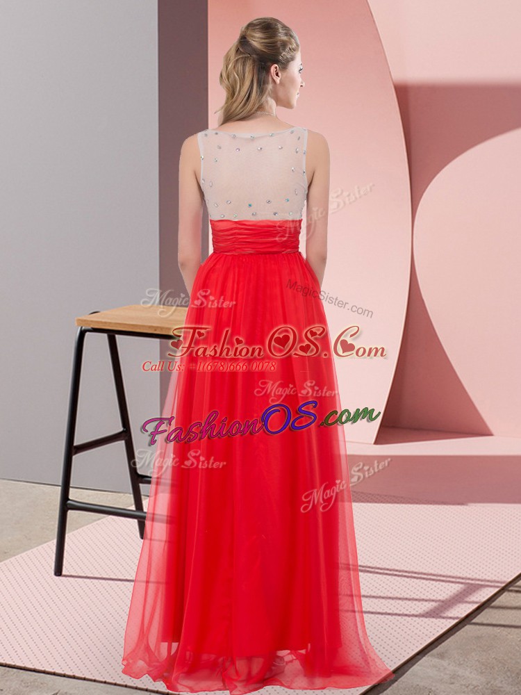 Red Chiffon Side Zipper Scoop Sleeveless Floor Length Prom Evening Gown Sequins