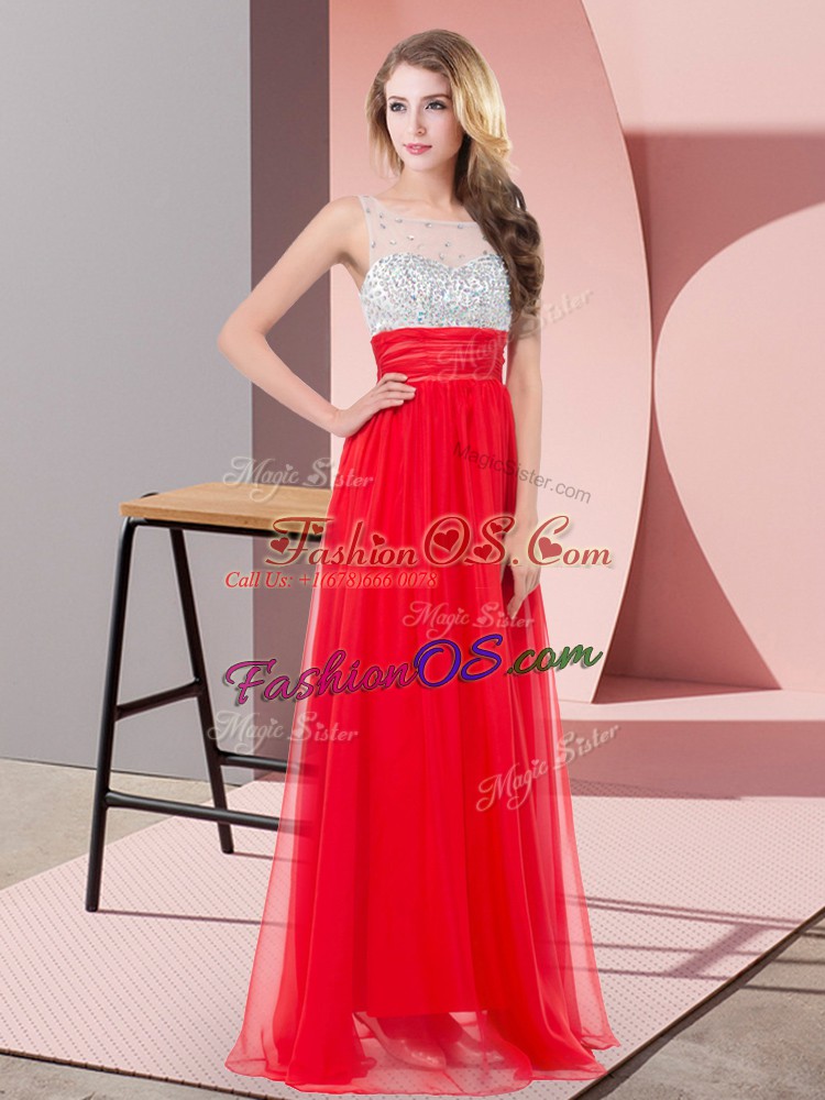 Red Chiffon Side Zipper Scoop Sleeveless Floor Length Prom Evening Gown Sequins