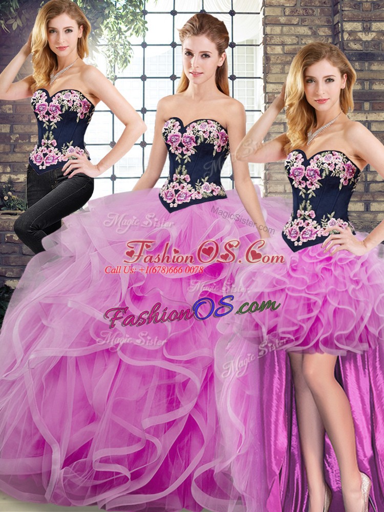 Decent Lilac Sleeveless Sweep Train Embroidery and Ruffles Quinceanera Dresses