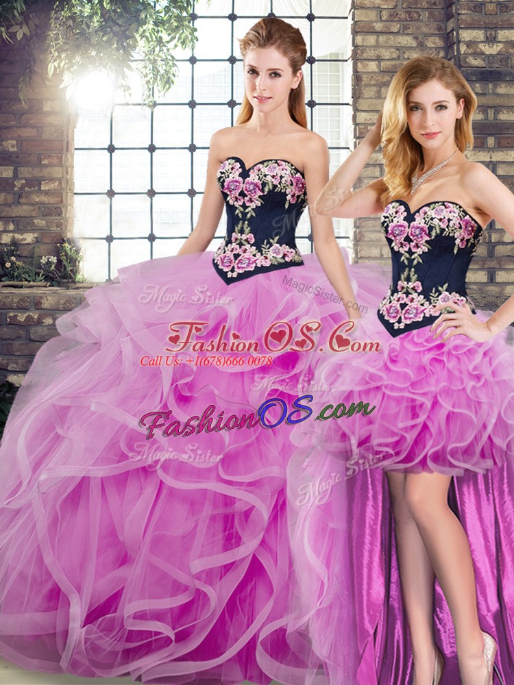 Decent Lilac Sleeveless Sweep Train Embroidery and Ruffles Quinceanera Dresses