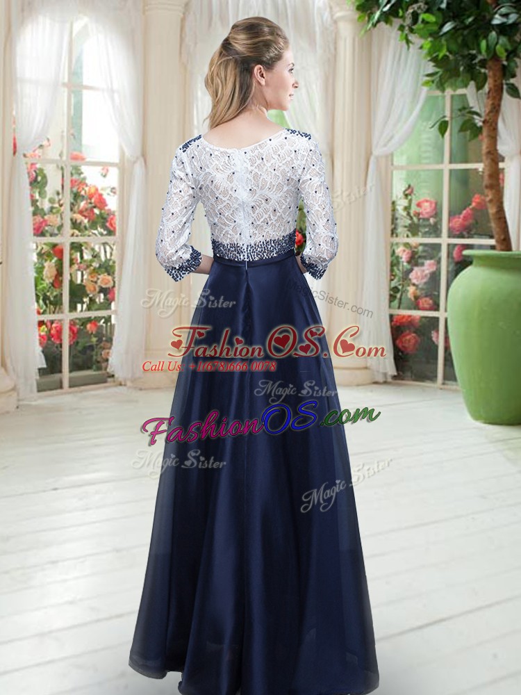 Vintage Organza 3 4 Length Sleeve Floor Length Prom Dress and Beading and Lace
