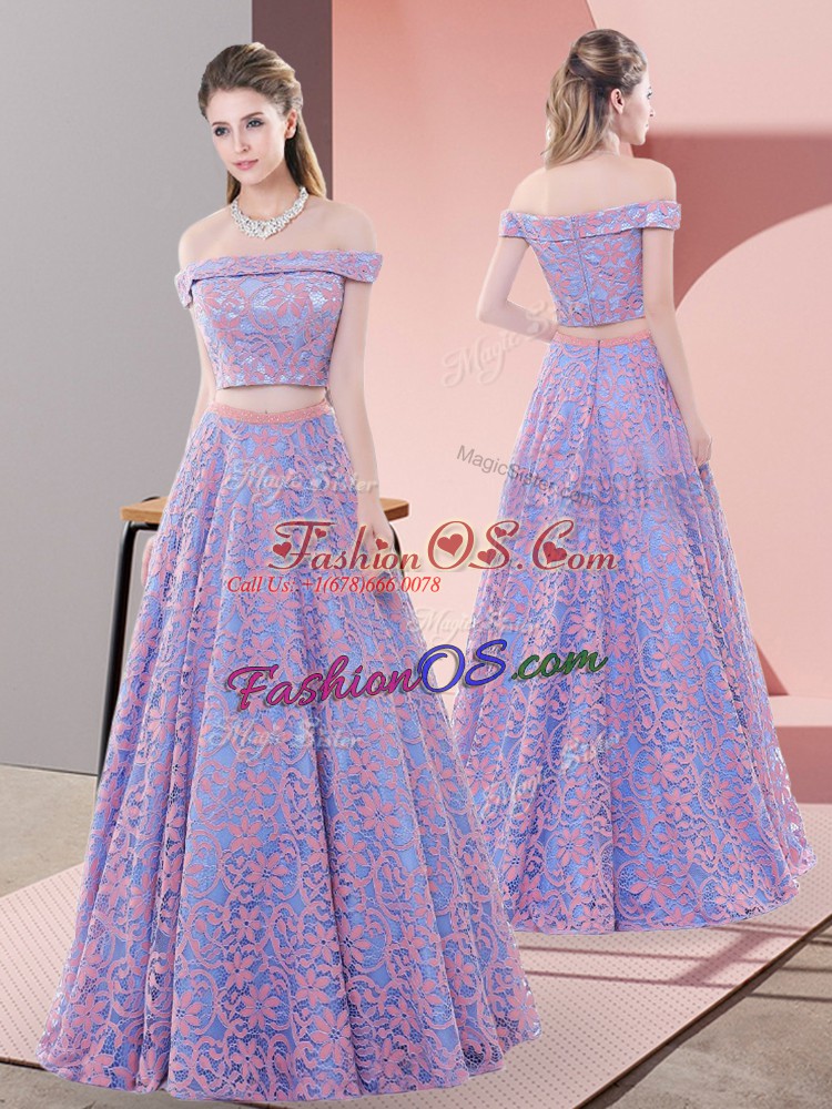 Sleeveless Lace Floor Length Zipper Prom Dresses in Lavender with Beading