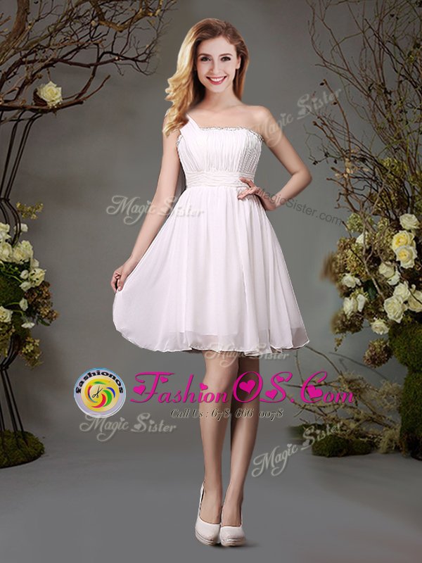 Artistic White Bridesmaids Dress Prom and Party and Wedding Party and For with Beading and Ruching One Shoulder Sleeveless Zipper