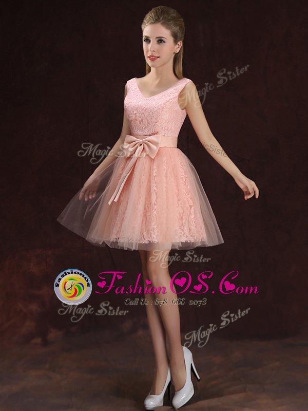 V-neck Sleeveless Tulle and Lace Quinceanera Dama Dress Lace and Bowknot Lace Up