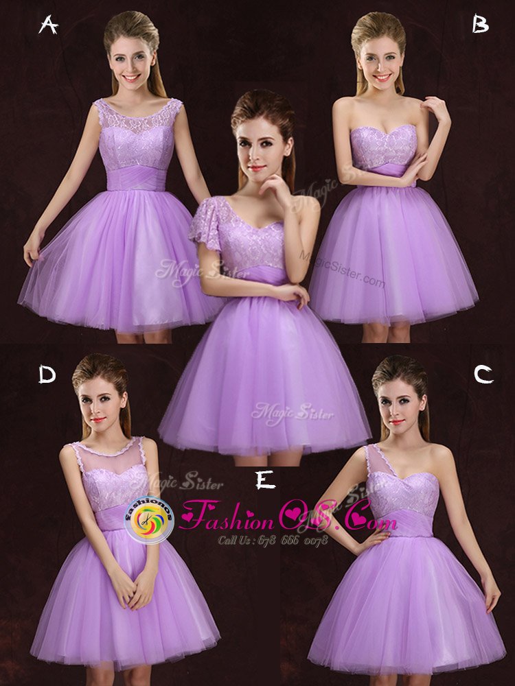 Elegant Mini Length Lace Up Wedding Guest Dresses Lilac and In for Prom and Party and Wedding Party with Lace and Ruching