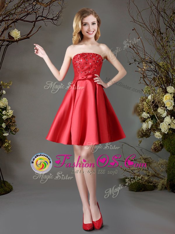 Trendy Red Quinceanera Court of Honor Dress Prom and Party and For with Appliques and Bowknot Strapless Sleeveless Lace Up
