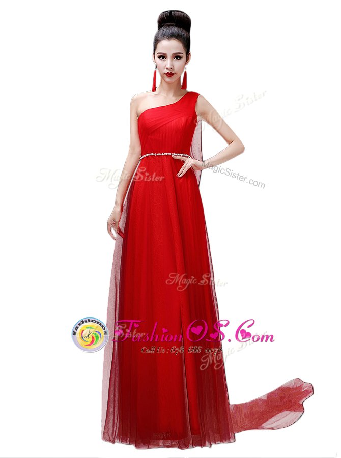 One Shoulder White Chiffon Zipper Sleeveless Floor Length Ruching