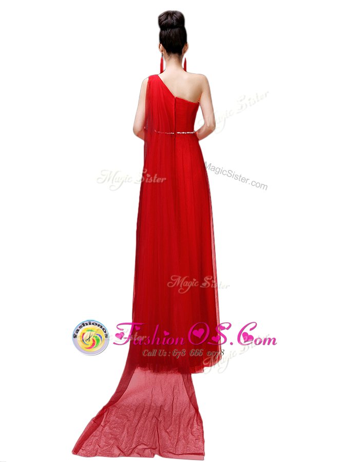 One Shoulder White Chiffon Zipper Sleeveless Floor Length Ruching