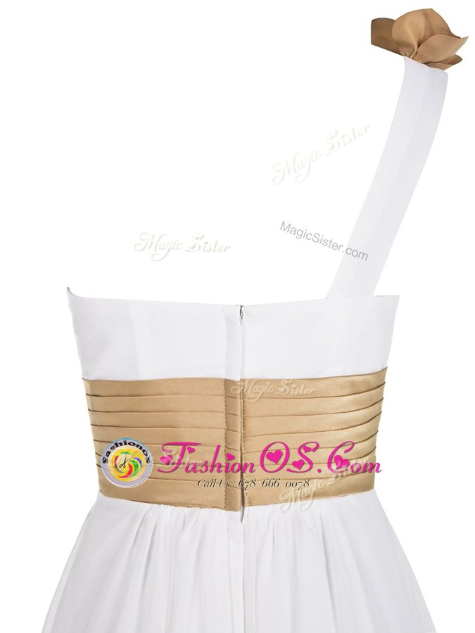 One Shoulder White Chiffon Zipper Sleeveless Floor Length Ruching