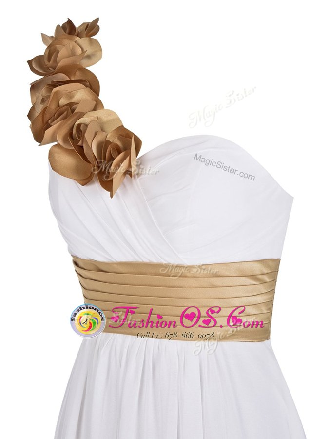 One Shoulder White Chiffon Zipper Sleeveless Floor Length Ruching