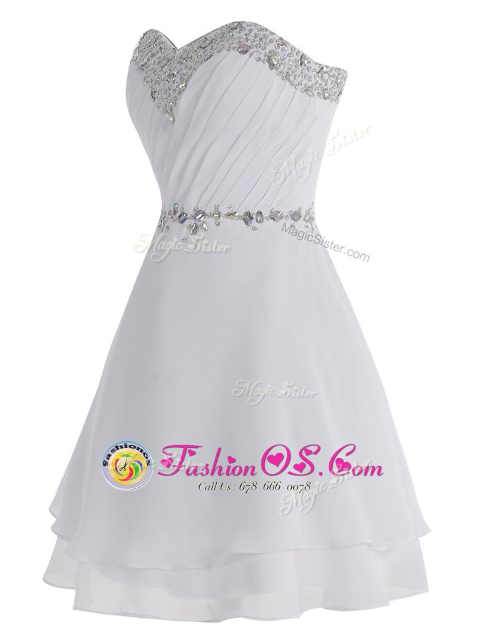 Popular White Empire Chiffon Sweetheart Sleeveless Beading Mini Length Zipper Evening Dress