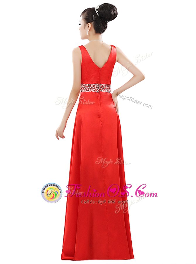 Exceptional V-neck Sleeveless Dress for Prom Floor Length Beading Watermelon Red Elastic Woven Satin