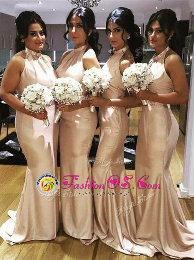 Gorgeous Mermaid Halter Top Ruching Prom Dresses Champagne Backless Sleeveless Brush Train