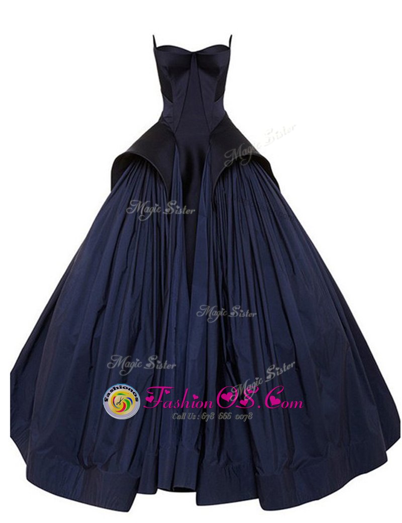 Attractive Navy Blue A-line Strapless Sleeveless Taffeta Floor Length Zipper Ruching Prom Dress