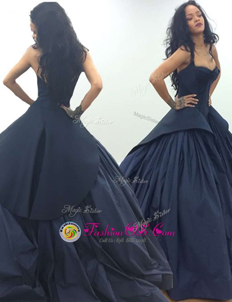 Attractive Navy Blue A-line Strapless Sleeveless Taffeta Floor Length Zipper Ruching Prom Dress