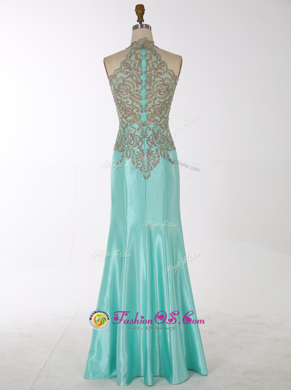 Unique Mermaid Sleeveless Satin Floor Length Zipper Evening Party Dresses in Aqua Blue for with Beading