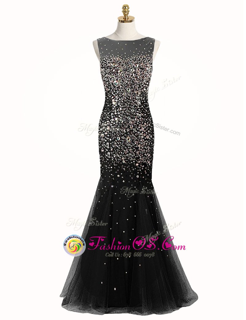 Popular Mermaid Black Zipper Bateau Beading Prom Party Dress Tulle Sleeveless