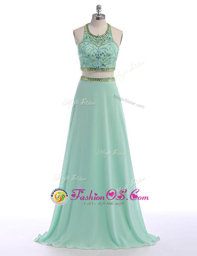 Modest Criss Cross Scoop Sleeveless Homecoming Dress With Train Sweep Train Beading Apple Green Chiffon