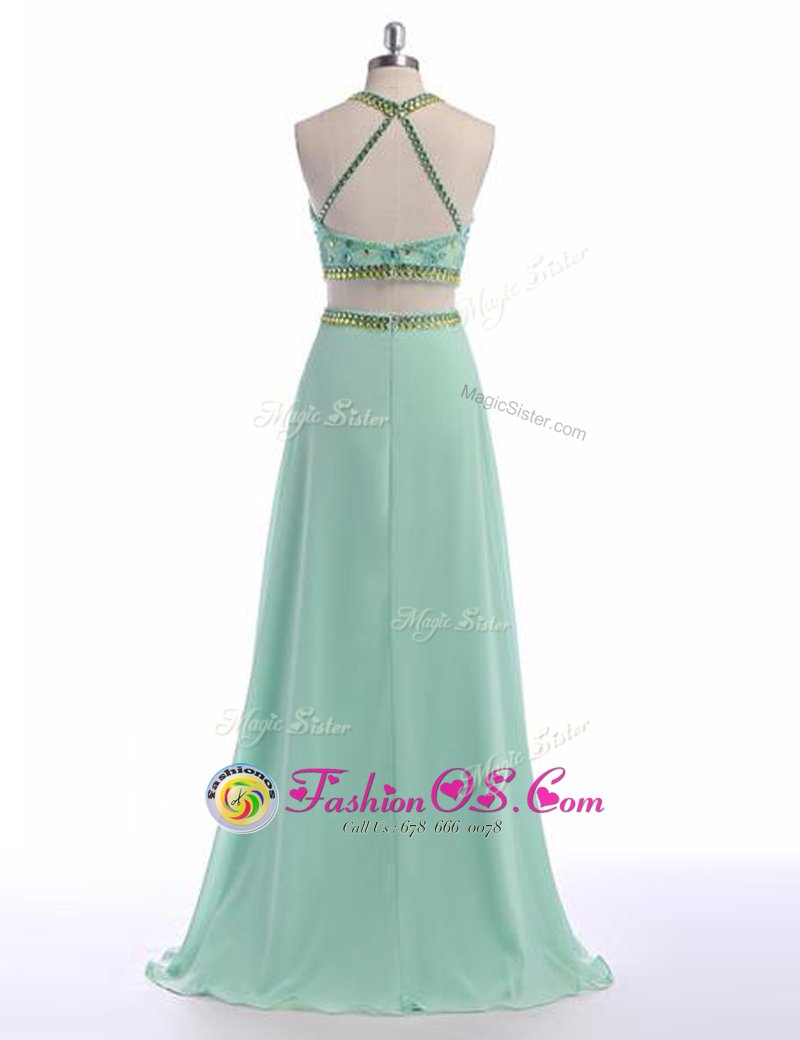 Modest Criss Cross Scoop Sleeveless Homecoming Dress With Train Sweep Train Beading Apple Green Chiffon