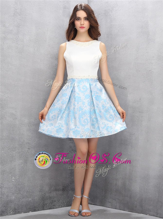 Fabulous Scoop Mini Length Zipper Blue And White and In for Prom and Party with Beading