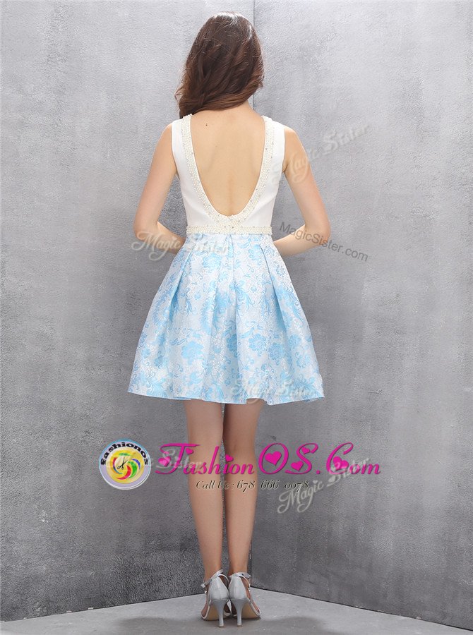 Fabulous Scoop Mini Length Zipper Blue And White and In for Prom and Party with Beading