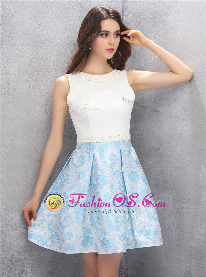 Fabulous Scoop Mini Length Zipper Blue And White and In for Prom and Party with Beading