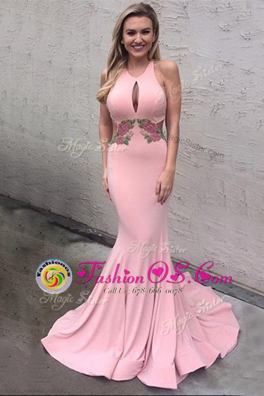 Clearance Mermaid Scoop Sleeveless Brush Train Criss Cross Prom Party Dress Pink Elastic Woven Satin
