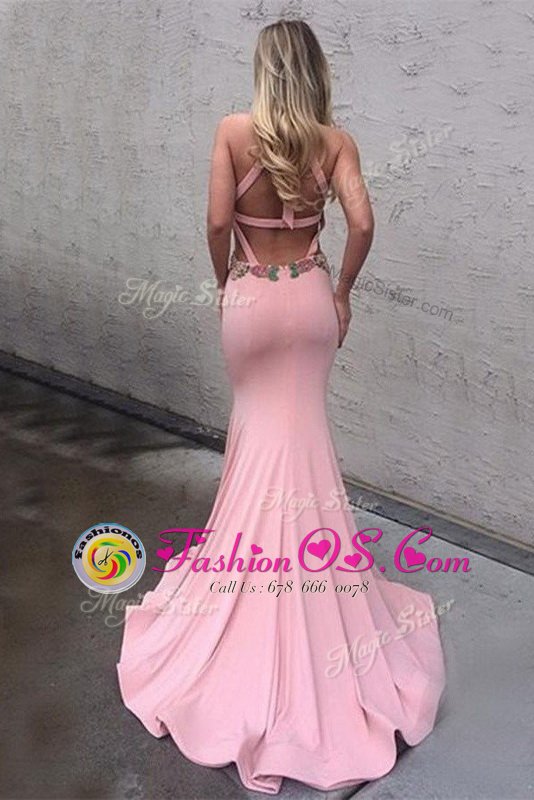 Clearance Mermaid Scoop Sleeveless Brush Train Criss Cross Prom Party Dress Pink Elastic Woven Satin