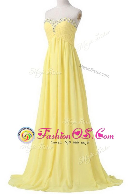 Custom Designed Sweetheart Sleeveless Chiffon Homecoming Dress Beading and Ruching Brush Train Lace Up