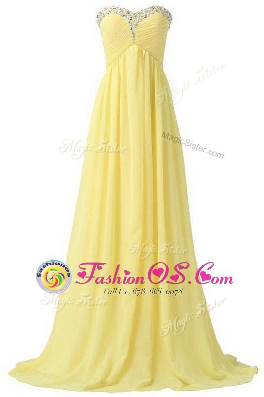 Custom Designed Sweetheart Sleeveless Chiffon Homecoming Dress Beading and Ruching Brush Train Lace Up