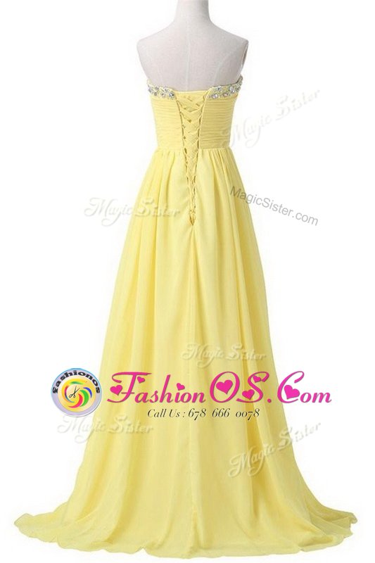 Custom Designed Sweetheart Sleeveless Chiffon Homecoming Dress Beading and Ruching Brush Train Lace Up