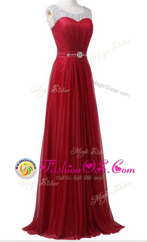 Scoop Wine Red Sleeveless Chiffon Brush Train Zipper Evening Dress for Prom and Party