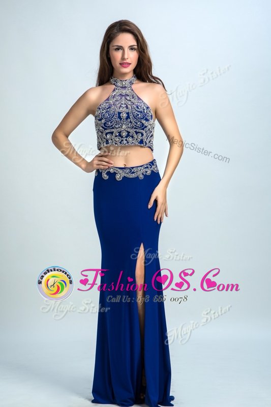Cheap Halter Top Floor Length Backless Prom Dress Royal Blue and In for Prom and Party with Beading