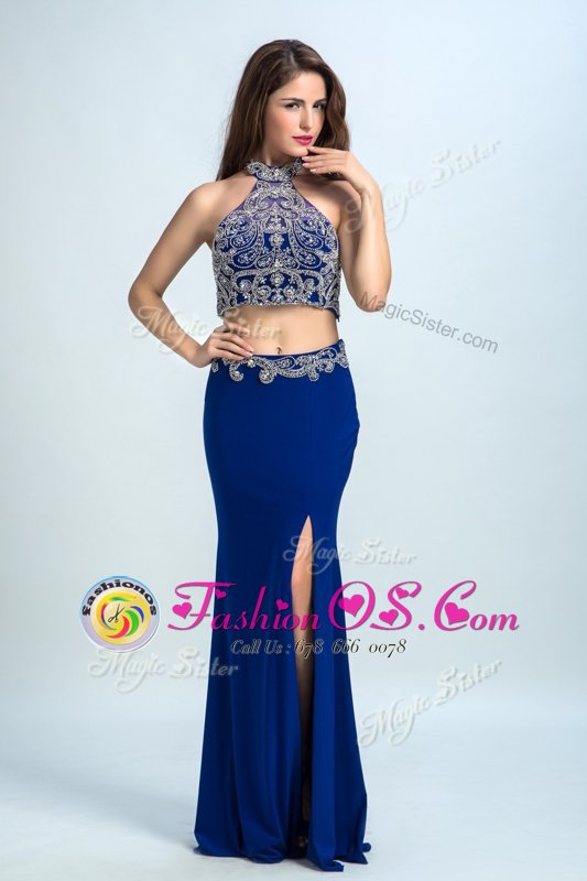 Cheap Halter Top Floor Length Backless Prom Dress Royal Blue and In for Prom and Party with Beading