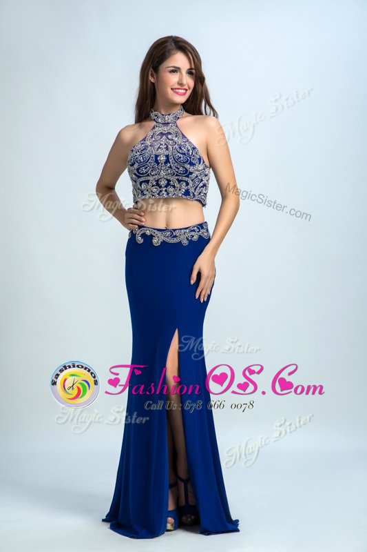 Cheap Halter Top Floor Length Backless Prom Dress Royal Blue and In for Prom and Party with Beading